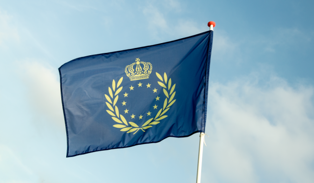 The gold and blue banner of the Pan-European Movement waving in the serene European skies