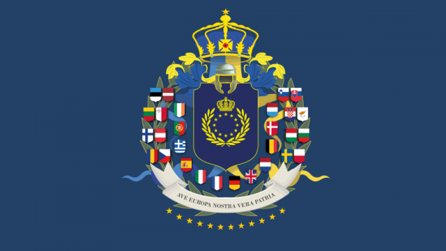 The 28 national flags of the member states surroudn the a heraldic shield emblazoned with the Greater Twelve Stars of a United Europe